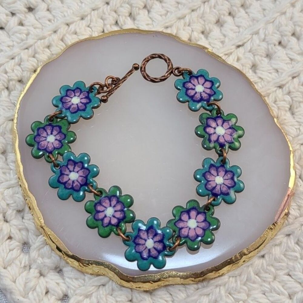 Vintage Copper Enamel Floral Bracelet Mid Century MCM Flower Panel Link 6.5